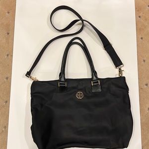 Tory Burch tote/ cross body black nylon with leather handle and detachable strap